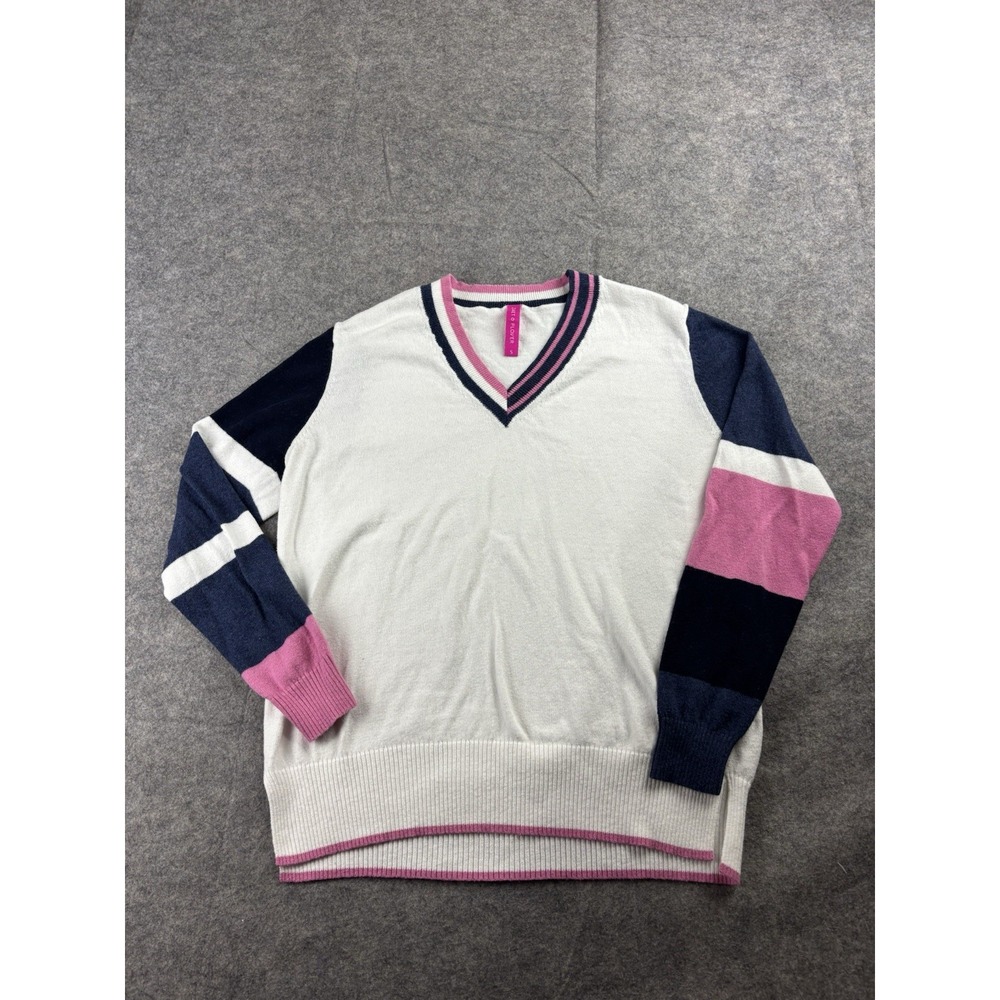 Zaket & Plover Women's S Pink/Navy Striped V-Neck Sweater Cashmere/Cotton Preppy